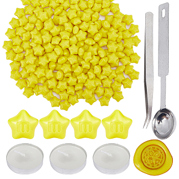 200Pcs Star Sealing Wax Particles, with 1Pc Stainless Steel Spoon and 3Pcs Flat Round Candles and 1Pc Iron Beading Tweezers, for Retro Seal Stamp, Yellow, 12~12.5mm
