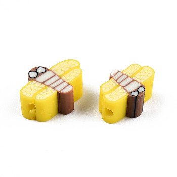 Handmade Polymer Clay Beads, Dragonfly, Yellow, 5~8.5x9~11.5x4.5~5mm, Hole: 1.2~1.6mm