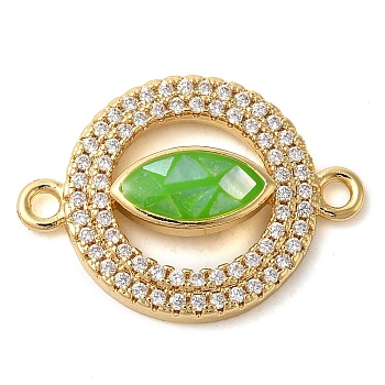 Rack Plating Brass Micro Pave Clear Cubic Zirconia Ring with Horse Eye Connector Charms, with Enamel & Shell, Real 18K Gold Plated, Long-Lasting Plated, Lead Free & Cadmium Free, Lime Green, 24x17x4.5mm, Hole: 1.6mm