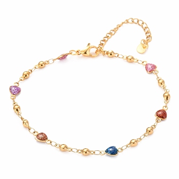 304 Stainless Steel Link Bracelets, with Resin and Lobster Claw Clasps, Heart, Colorful, Golden, 8-1/8 inch(20.7cm)