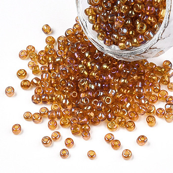 Transparent Colours Rainbow Round Glass Seed Beads, Dark Goldenrod, Size: about 3mm in diameter, hole: 1mm, about 1102pcs/50g