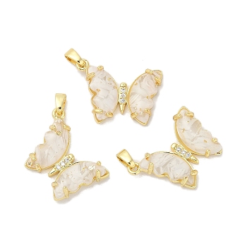 Rack Plating Brass Pendants, With Resion, Cubic Zirconia, Long-Lasting Plated, Lead Free & Cadmium Free, Real 18K Gold, Butterfly, Floral White, 24x20x4.5mm, Hole: 3.5mm