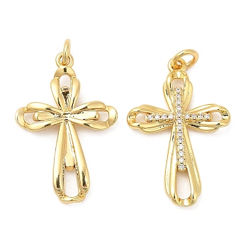 Brass Micro Pave Cubic Zirconia Pendants, Cross, Real 18K Gold Plated, 27x18x3mm, Hole: 2.8mm