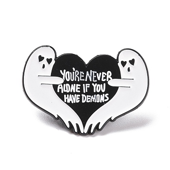 You're Never Aldne If You Have Demons Word Enamel Pin, Ghost with Heart Alloy Badge for Backpack Clothes, Electrophoresis Black, White, 25x35.5x1.5mm, Pin: 1.3mm