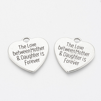 Tibetan Style Alloy Quote Pendants, Heart with Word, Cadmium Free & Lead Free, Antique Silver, 24.5x25x1.5mm, Hole: 2.5mm