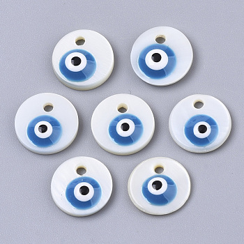 Natural Freshwater Shell Charms, with Enamel, Flat Round with Evil Eye, Dodger Blue, 10x3mm, Hole: 1mm