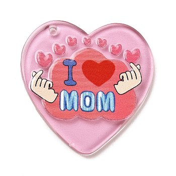 Mother's Day Printed Transparent Acrylic Pendants, Heart with I Love Mom, Hot Pink, 38x36.5x2.5mm, Hole: 1.8mm