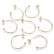 Brass Half Hoop Earrings, Stud Earring, Nickel Free, with Ear Nuts and 925 Sterling Silver Pins, Real 18K Gold Plated, 26~30x25~28x3mm, Pin: 0.7mm(KK-R112-041B-NF)