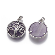 Natural Amethyst Pendants, with Brass Findings, Flat Round with Tree of Life, Platinum, 32x27.5~28x7mm, Hole: 4x6mm(G-E517-B04)