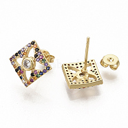 Brass Micro Pave Colorful Cubic Zirconia Stud Earrings, with Earring Backs, Rhombus, Real 16K Gold Plated, 13.5x13.5mm, Side Length: 10mm, Pin: 0.7mm(EJEW-S208-020)