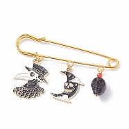 Halloween Crow & Moon Enamel Charm Brooch Pin with Synthetic Turquoise, Iron Safety Pin for Clothes Backpack, Golden, Black, 53x76.5x5mm(JEWB-BR00071)