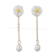 Natural Pearl & Resin Sunflower Dangle Stud Earrings, Golden 304 Stainless Steel Chains Tassel Earrings, White, 55x13.5mm(EJEW-JE05692-01)