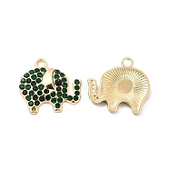 Alloy Rhinestone Pendants, Golden Tone Elephant Charms, Emerald, 17x18.5x3mm, Hole: 2mm(ALRI-K048-01A)