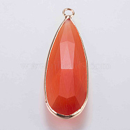 Glass Pendants, with Brass Finding, Faceted, teardrop, Golden, Coral, 43x14x5.5mm, Hole: 2mm(GLAA-G056-01E)