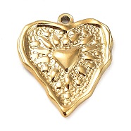 Ion Plating(IP) 304 Stainless Steel Pendants, Textured, Heart Charm, Real 18K Gold Plated, 25.5x21x3mm, Hole: 1.6mm(X-STAS-M323-34G)