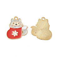 Christmas Alloy Enamel Pendants, Golden, Christmas Socking with Wolf Charm, Red, 24x22x1mm, Hole: 2mm(ENAM-D047-07G-06)