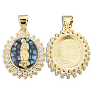 Brass Micro Pave Clear Cubic Zirconia Pendants, with Enamel and Shell, Real 18K Gold Plated, Nickel Free, Oval with Virgin Mary, Black, 19.5x14.5x4mm, Hole: 3x4mm(KK-N227-92F)