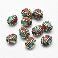 Handmade Indonesia Beads, with Brass, Synthetic Coral, Turquoise, Oval, Colorful, 10~10.5x9~10mm, Hole: 1.5mm(TIBEB-K031-13)