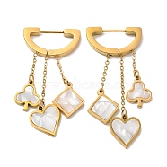Ace of Diamond & Hearts & Clubs Synthetic White Shell Dangle Hoop Earrings, 304 Stainless Steel Poker Card Drop Earrings, Golden, 45mm, Pin: 1mm(EJEW-E286-04G)