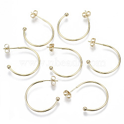 Brass Half Hoop Earrings, Stud Earring, Nickel Free, with Ear Nuts and 925 Sterling Silver Pins, Real 18K Gold Plated, 26~30x25~28x3mm, Pin: 0.7mm(KK-R112-041B-NF)