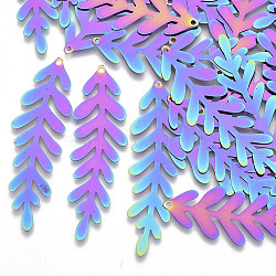 Ion Plating(IP) 201 Stainless Steel Filigree Big Pendants, Etched Metal Embellishments, Leaf, Rainbow Color, 51x15.5x0.3mm, Hole: 1.2mm(X-STAS-R102-24)