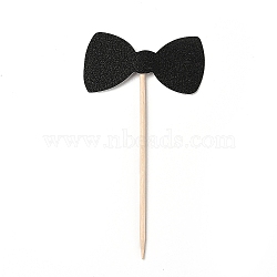 Paper Bow Tie Cake Insert Card Decoration, with Bamboo Stick, for Birthday Cake Decoration, Black, 113mm; 6pcs/Set(DIY-H108-04)