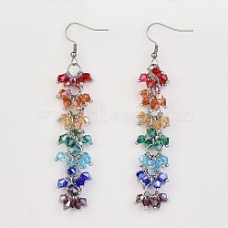 Chakra Jewelry, Glass Beads Dangle Earrings, with 304 Stainless Steel Earring Hooks and Brass Findings, Cardboard Box, Stainless Steel Color, 85mm, Pin: 0.7mm(EJEW-JE03172)