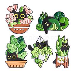 5 Pcs Cat Brooche Pins Set Enamel Lapel Pins Cute Black Cat Plants Enamel Brooche Pins Set Cartoon Animal Pins Badges Clothing Bags Jackets for Women, Colorful, 30~31x14~27.5mm, Pin: 1mm, 1Pc/style(JBR114A)