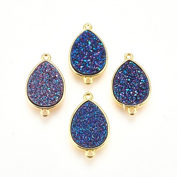 Brass Links connectors, with Druzy Resin, teardrop, Golden, Royal Blue, 22x13x4~5mm, Hole: 1mm