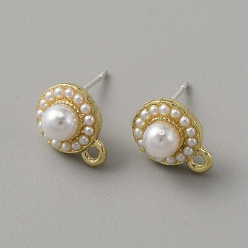 Alloy Stud Earrings, with Imitation Pearl Beaded & Horizontal Loops, Flat Round, Golden, 12x9mm, Hole: 1.6mm, Pin: 0.8mm
