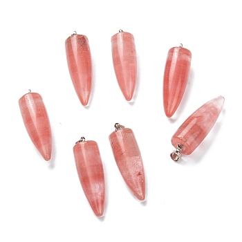 Cherry Quartz Glass Pendants, with Platinum Brass Findings, Bullet, 35x11mm, Hole: 4.5x4mm