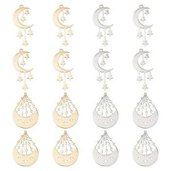 8Pcs 4 Style 201 Stainless Steel Pendants, Laser Cut, Moon and Star, Golden & Stainless Steel Color, 39.5~41.5x28~18x1mm, Hole: 1.5~1.8mm, 2pcs/style