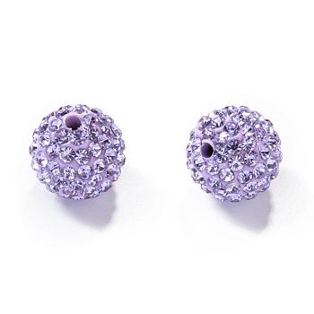 Polymer Clay Rhinestone Beads, Pave Disco Ball Beads, Grade A, Round, Half Drilled, Violet, 10mm, Hole: 1mm