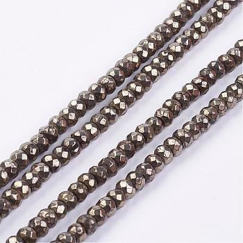 Natural Pyrite Bead Strands, Faceted, Rondelle, 4x3mm, Hole: 1mm, about 120pcs/strand, 15.7 inch