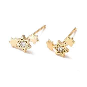 Clear Cubic Zirconia Triple Star Stud Earrings, Brass Jewelry for Women, Cadmium Free & Nickel Free & Lead Free, Real 18K Gold Plated, 5.5x11mm, Pin: 0.6mm