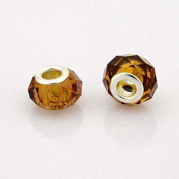 Faceted Glass European Beads, Large Hole Rondelle Beads, with Silver Tone Brass Cores, Saddle Brown, 14x9mm, Hole: 5mm