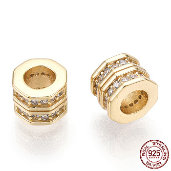 925 Sterling Silver Micro Pave Cubic Zirconia Beads, Octagon Column, Nickel Free, Real 18K Gold Plated, 6.5x6.5x5.5mm, Hole: 3.5mm