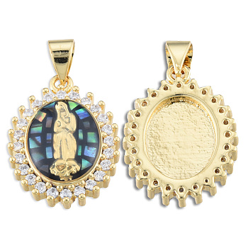 Brass Micro Pave Clear Cubic Zirconia Pendants, with Enamel and Shell, Real 18K Gold Plated, Nickel Free, Oval with Virgin Mary, Black, 19.5x14.5x4mm, Hole: 3x4mm