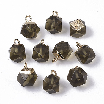 Electroplate Glass Charms, with Top Golden Plated Iron Loops, Star Cut Round Beads, Olive, 12x10x10mm, Hole: 1.8mm