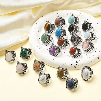 Natural & Synthetic Gemstone Adjustable Rings, Lead Free & Cadmium Free, Antique Silver Plated Brass Finger Rings for Women, Oval, 20.5mm, Inner Diameter: 17mm