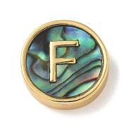 Brass Beads, with Resin Imitation Paua Shell, Flat Round, Real 14K Gold Plated, Letter F, 13.5x4mm, Hole: 1.6mm(KK-U046-17G-F)