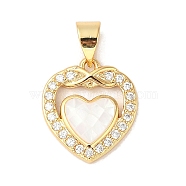 Rack Plating Brass Enamel Micro Pave Clear Cubic Zirconia Pendants, with Shell, Long-lasting Plated, Cadmium Free & Lead Free, Real 18K Gold Plated, Heart, White, 15x14x3mm, Hole: 5x3mm(KK-K380-04G-01)