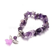 Natural Amethyst Kids Bracelets, with Acrylic Bead and Antique Silver Alloy Findings, Lovely Wedding Dress Angel Dangle, 39mm(BJEW-JB02062-04)