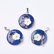 Natural Lapis Lazuli Pendants, with Shell, Rhinestone and Platinum Tone Brass Findings, Flat Round with Flower, 35.5~36x28x8mm, Hole: 5x8mm(G-F546-A20)