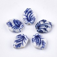 Handmade Porcelain Beads, Blue and White Porcelain, Grass, Blue, 18x15x6mm, Hole: 1.6mm(PORC-S498-57)