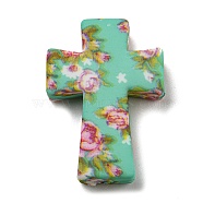 Cross with Flower Silicone Focal Beads, Chewing Beads For Teethers, DIY Nursing Necklaces Making, Aquamarine, 35x25x8mm, Hole: 2mm(SIL-G006-02F)