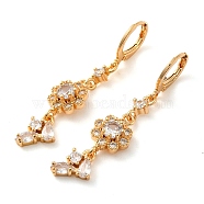 Rack Plating Golden Brass Dangle Leverback Earrings, with Cubic Zirconia, Flower, Clear, 48x10.5mm(EJEW-B037-24G)