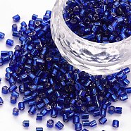 8/0 Glass Bugle Beads, Silver Lined, Blue, 2.5~3x2.5mm, Hole: 1mm, about 15000pcs/pound(SEED-S032-07A-28)