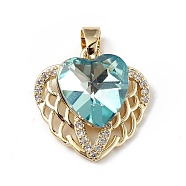 Real 18K Gold Plated Rack Plating Brass Micro Pave Clear Cubic Zirconia Pendants, with Glass, Long-Lasting Plated, Cadmium Free & Lead Free, Heart Charm, Medium Turquoise, 19x19x8mm, Hole: 5x3mm(KK-C015-29G-11)