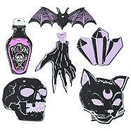 12Pcs 6 Styles Halloween Acrylic Pendants, for DIY Earring Findings, Hand Skeleton & Skull & Bat, Black, 17.5~47x19.5~36x2~2.5mm, Hole: 1.8mm, 2pcs/style(SACR-CJ0001-21)